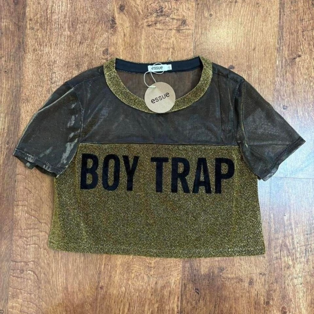 Essue gold and black mesh crop top with "Boy Trap" lettering, minor flaw in pic
